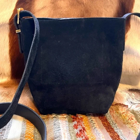 🆕 Madewell dark navy black suede & leather mini tote bucket crossbody bag - Picture 6 of 9